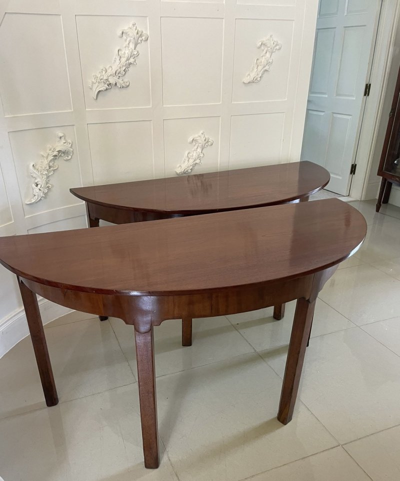 Large Pair of Antique George III Quality Figured Mahogany Demi Lune Shaped Console Tables - Image 3